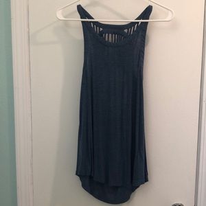 Blue fringe open back tank top